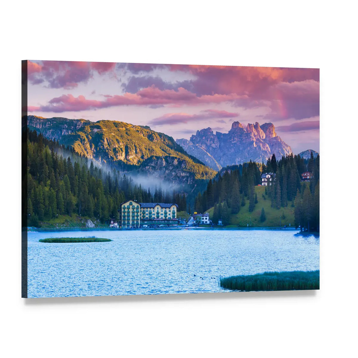 Summer Morning Lake with Pink Clouds Canvas Wall Art, single panel gallery wrapped canvas, angled product view