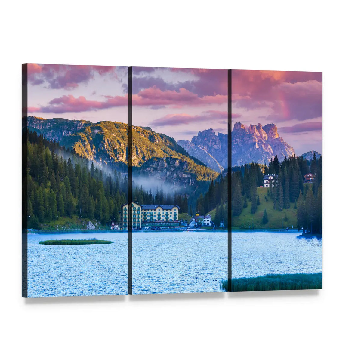 Summer Morning Lake with Pink Clouds Canvas Wall Art, 3 panel 3 Horizontal layout gallery wrapped canvas set, angled product view