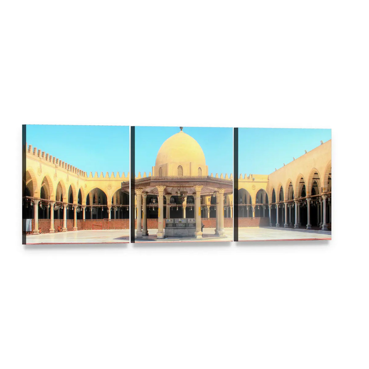Ancient Mosque in Old Cairo Panoramic Canvas Wall Art, 3 panel 3 Piece layout gallery wrapped canvas set, angled product view