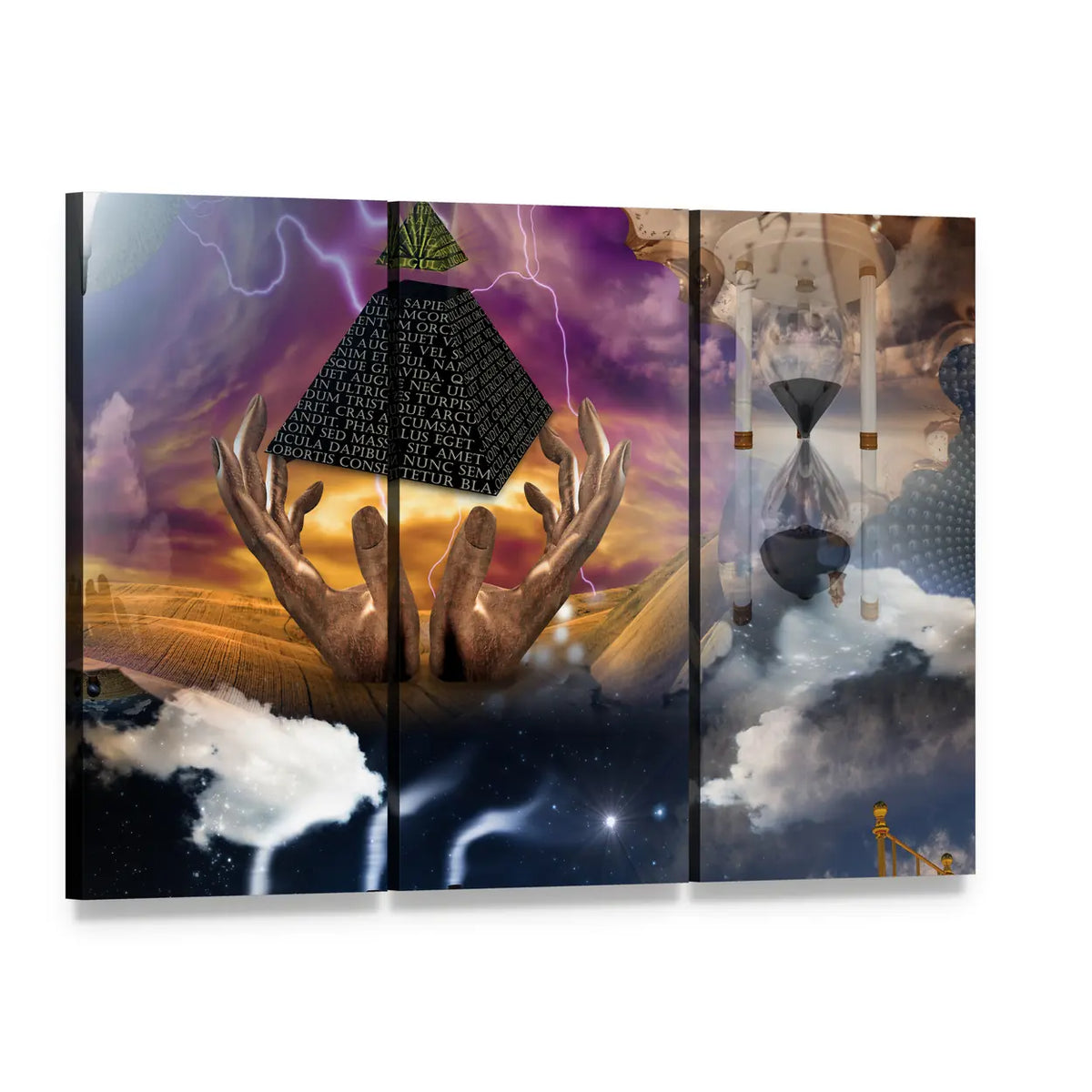 Surreal Pyramid with Hourglass and Hands Canvas Wall Art, 3 panel 3 Horizontal layout gallery wrapped canvas set, angled product view