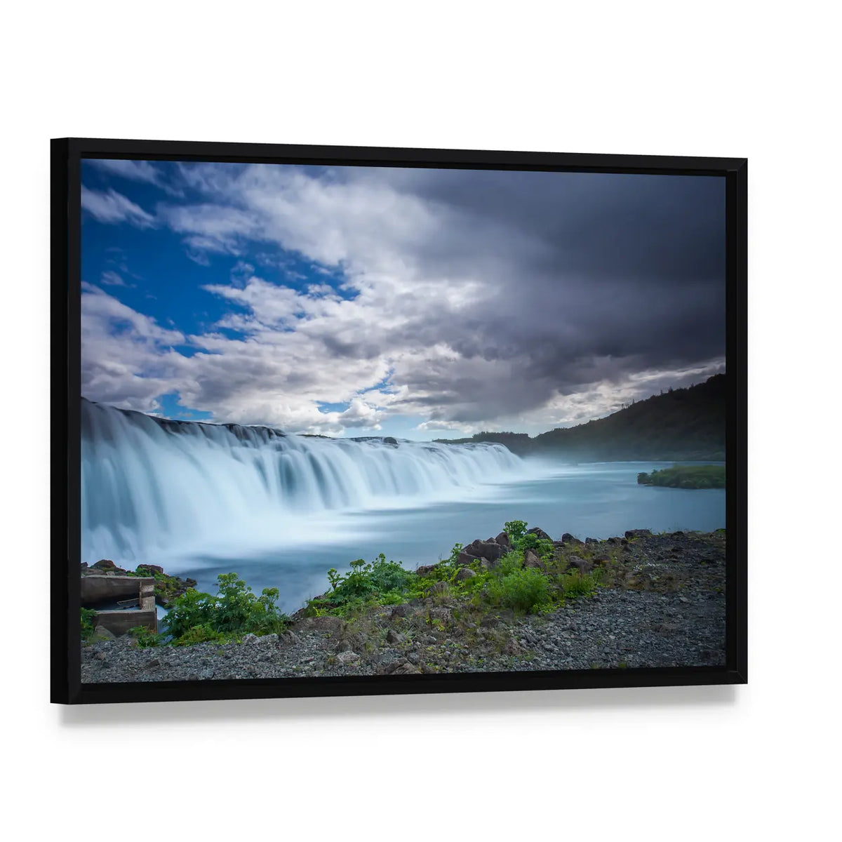 Faxi Waterfall In Iceland Canvas Wall Art, framed canvas in a black floater frame, angled product view