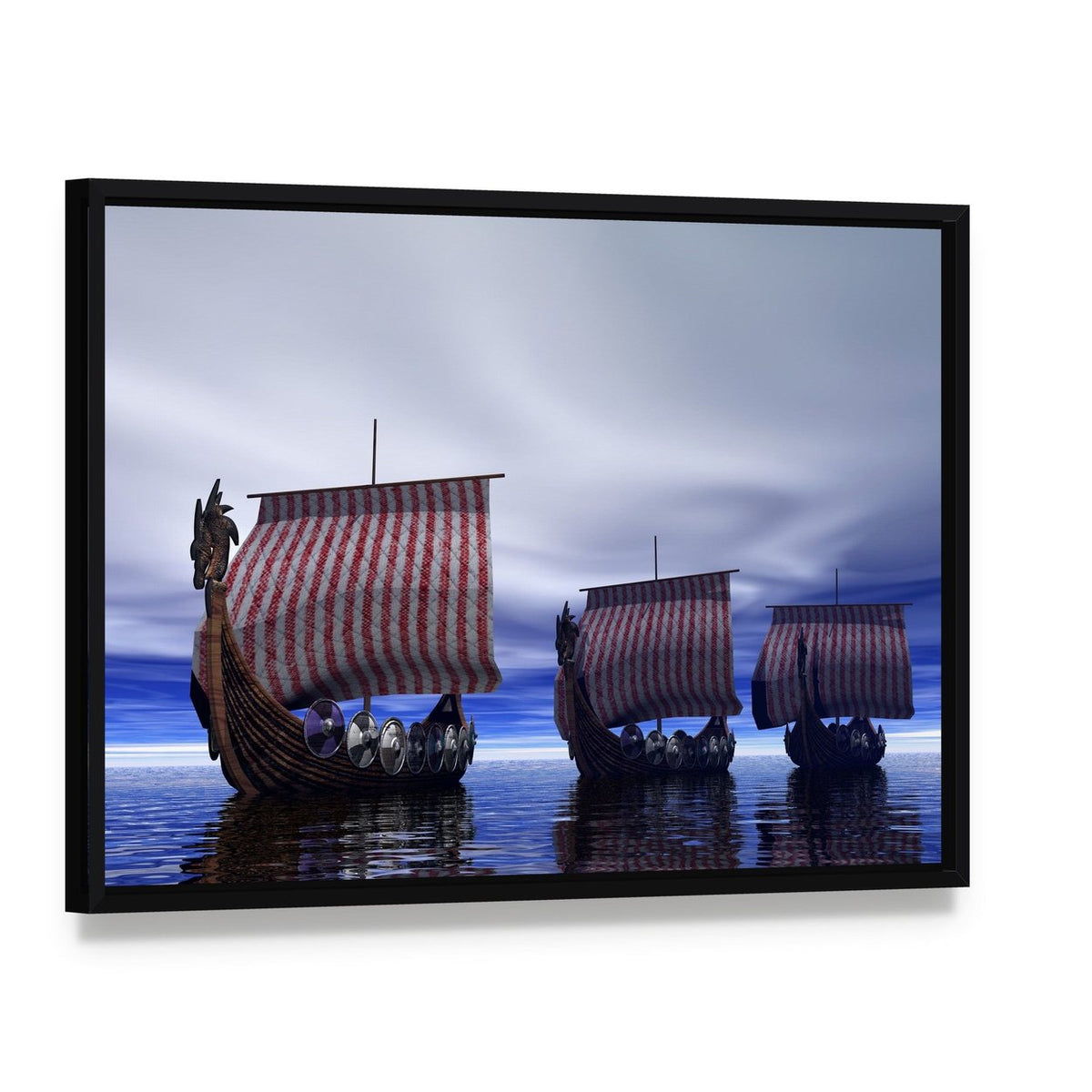 Three Viking Longships at Sea Canvas Wall Art, framed canvas in a black floater frame, angled product view