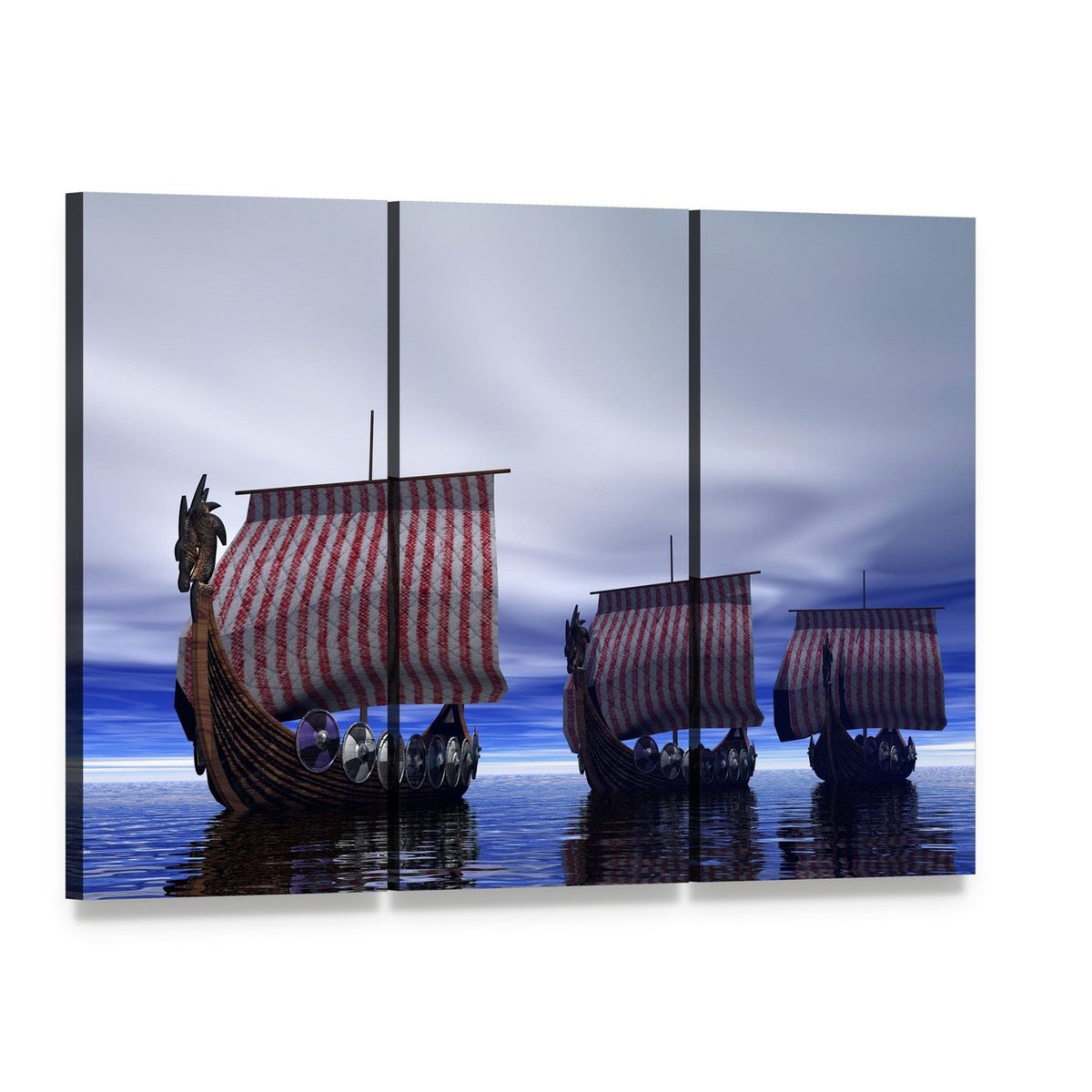 Three Viking Longships at Sea Canvas Wall Art, 3 panel 3 Horizontal layout gallery wrapped canvas set, angled product view