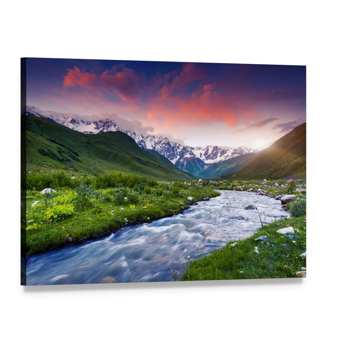 Stream Near Mt. Shkhara Canvas Wall Art, single panel gallery wrapped canvas, angled product view