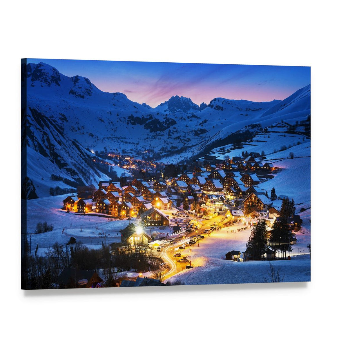 French Alps Ski Village at Twilight Canvas Wall Art, single panel gallery wrapped canvas, angled product view