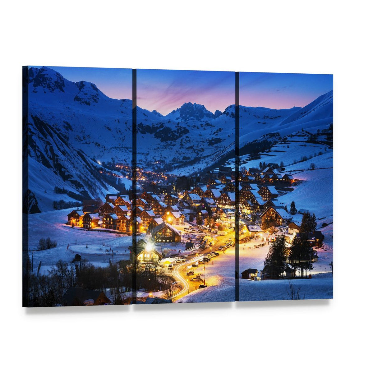 French Alps Ski Village at Twilight Canvas Wall Art, 3 panel 3 Horizontal layout gallery wrapped canvas set, angled product view