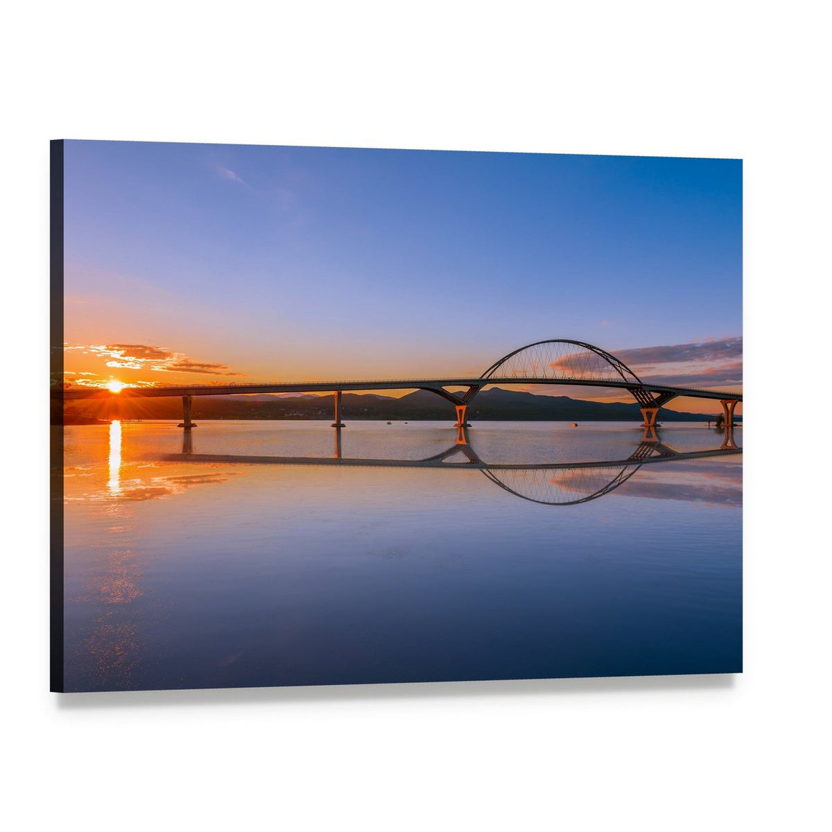 Lake Champlain Bridge at Sunset Canvas Wall Art, single panel gallery wrapped canvas, angled product view
