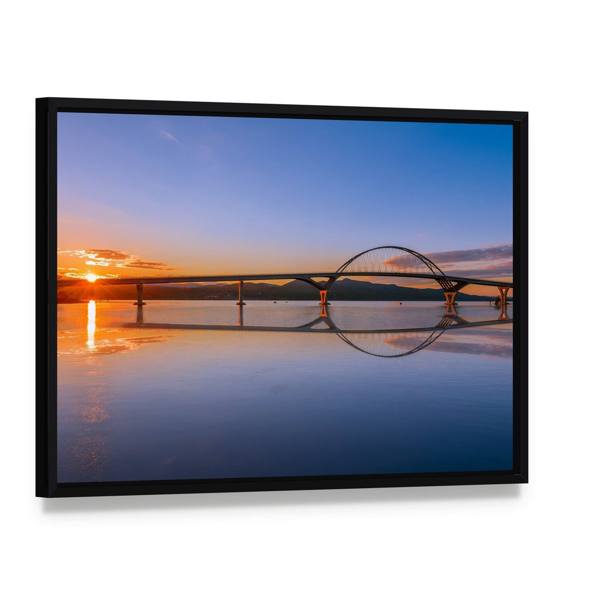 Lake Champlain Bridge at Sunset Canvas Wall Art, framed canvas in a black floater frame, angled product view
