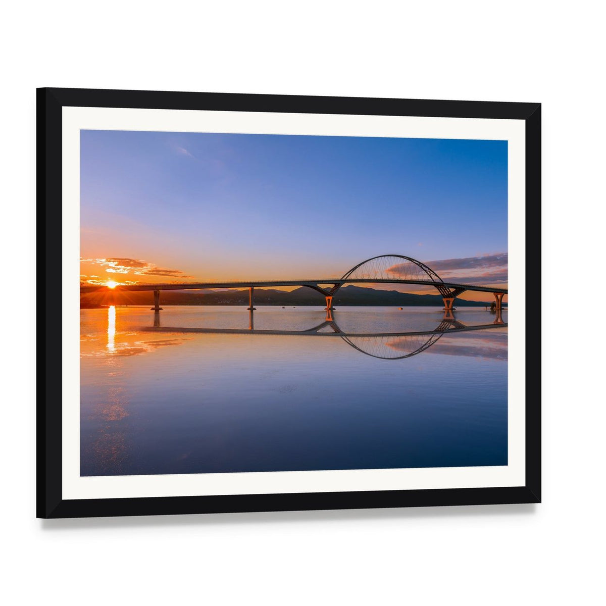Lake Champlain Bridge at Sunset Canvas Wall Art, framed print with white mat and black frame, angled product view