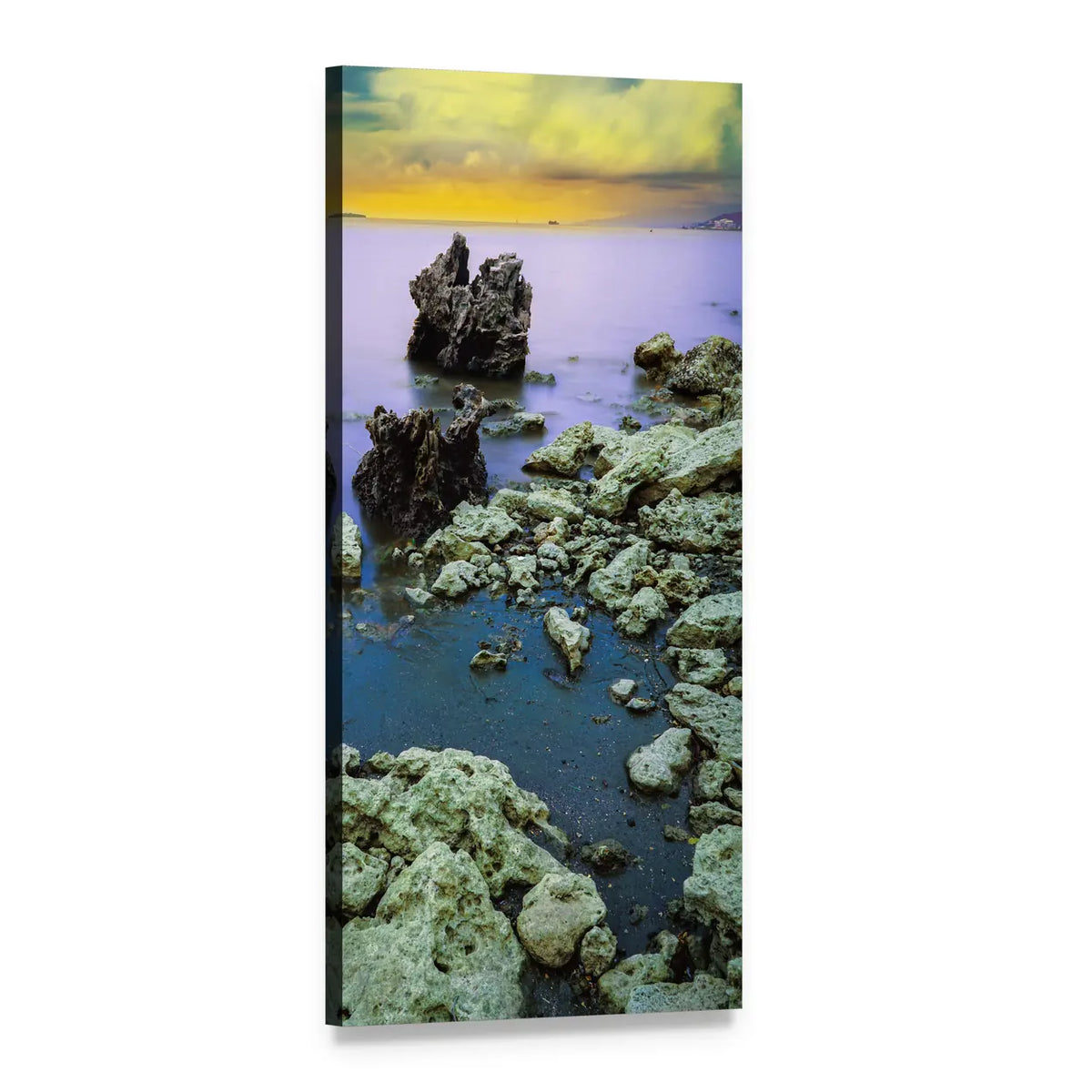 Rocky Shore at Dusk Vertical Canvas Wall Art, 1 panel 1 Vertical layout gallery wrapped canvas set, angled product view