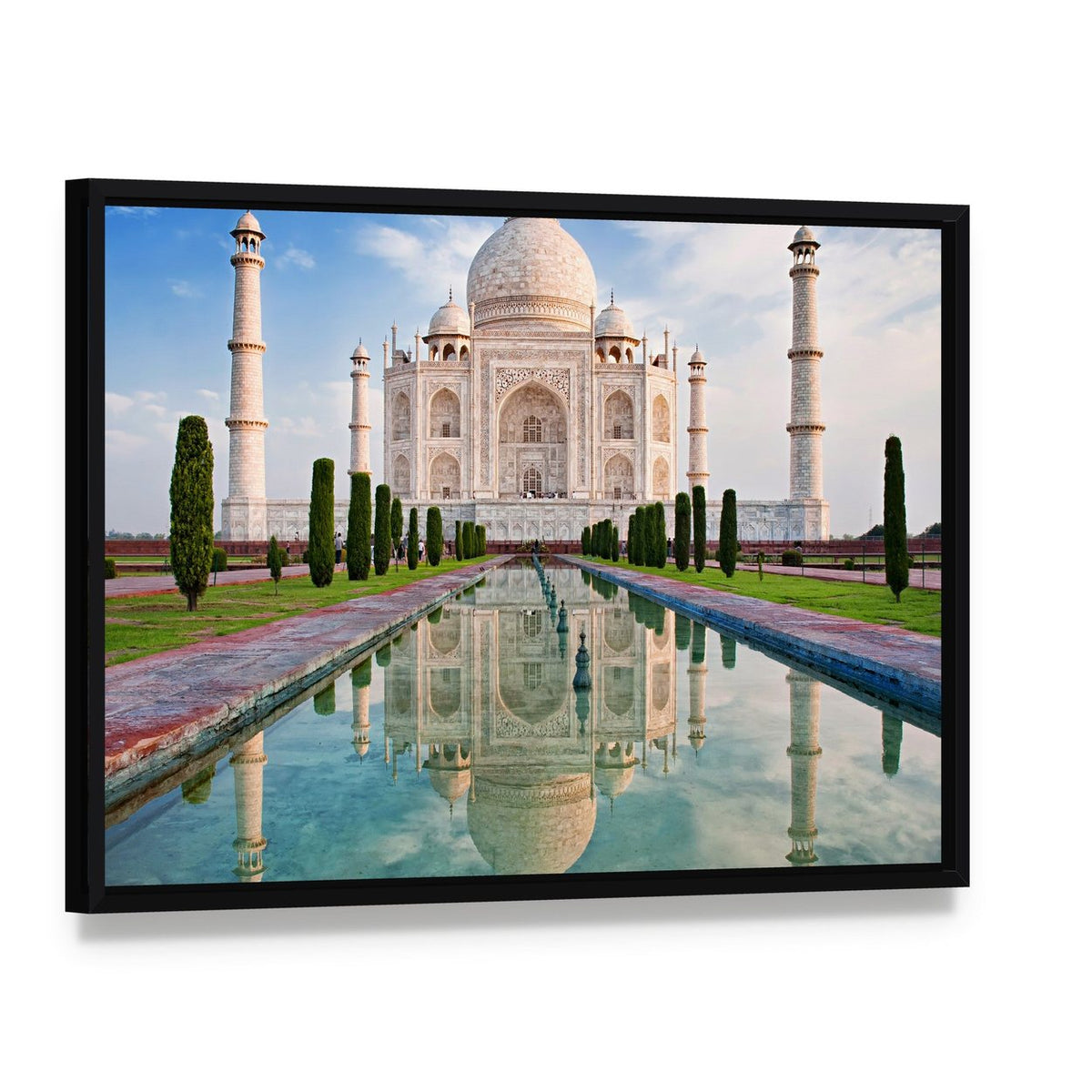 Taj Mahal in Sunrise Light Canvas Wall Art, framed canvas in a black floater frame, angled product view