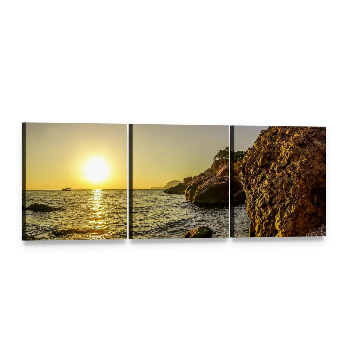 Golden Sunset Over Rocky Coastline Panoramic Canvas Wall Art, 3 panel 3 Piece layout gallery wrapped canvas set, angled product view
