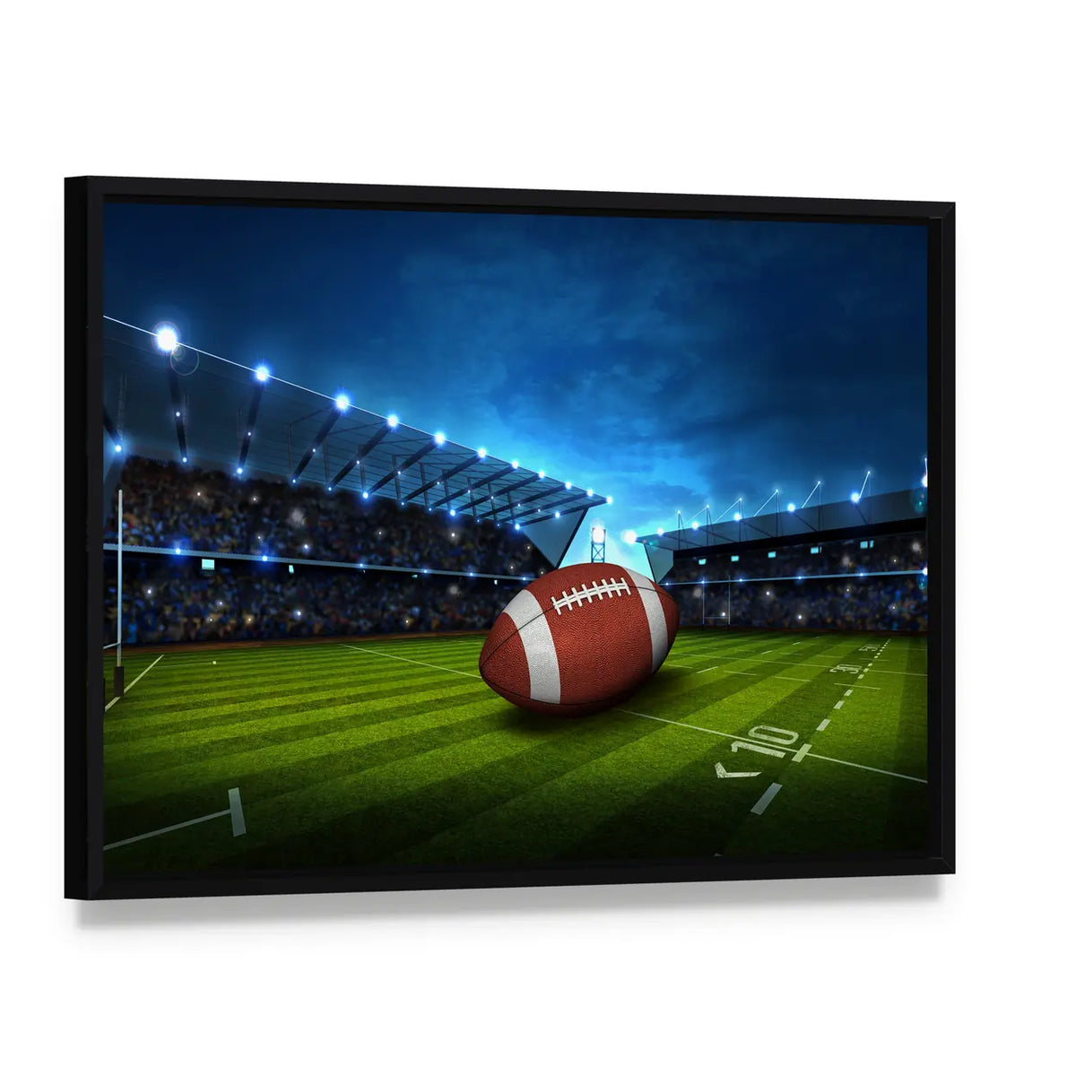 Green Football Stadium Canvas Wall Art, framed canvas in a black floater frame, angled product view