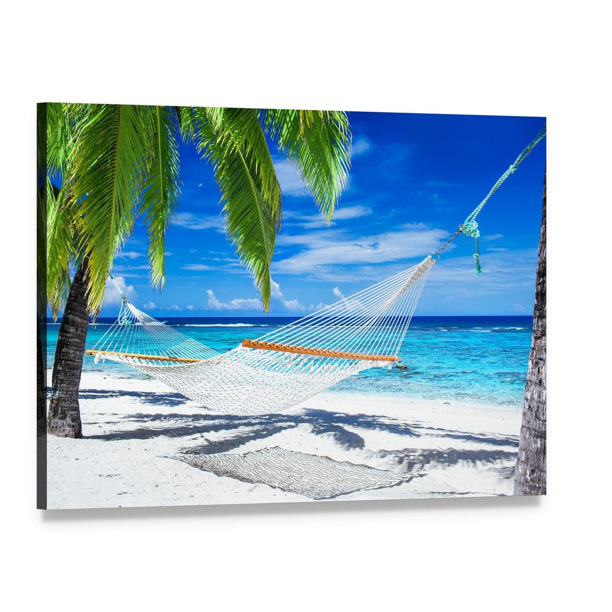 White Hammocks Between Palm Trees Canvas Wall Art, single panel gallery wrapped canvas, angled product view