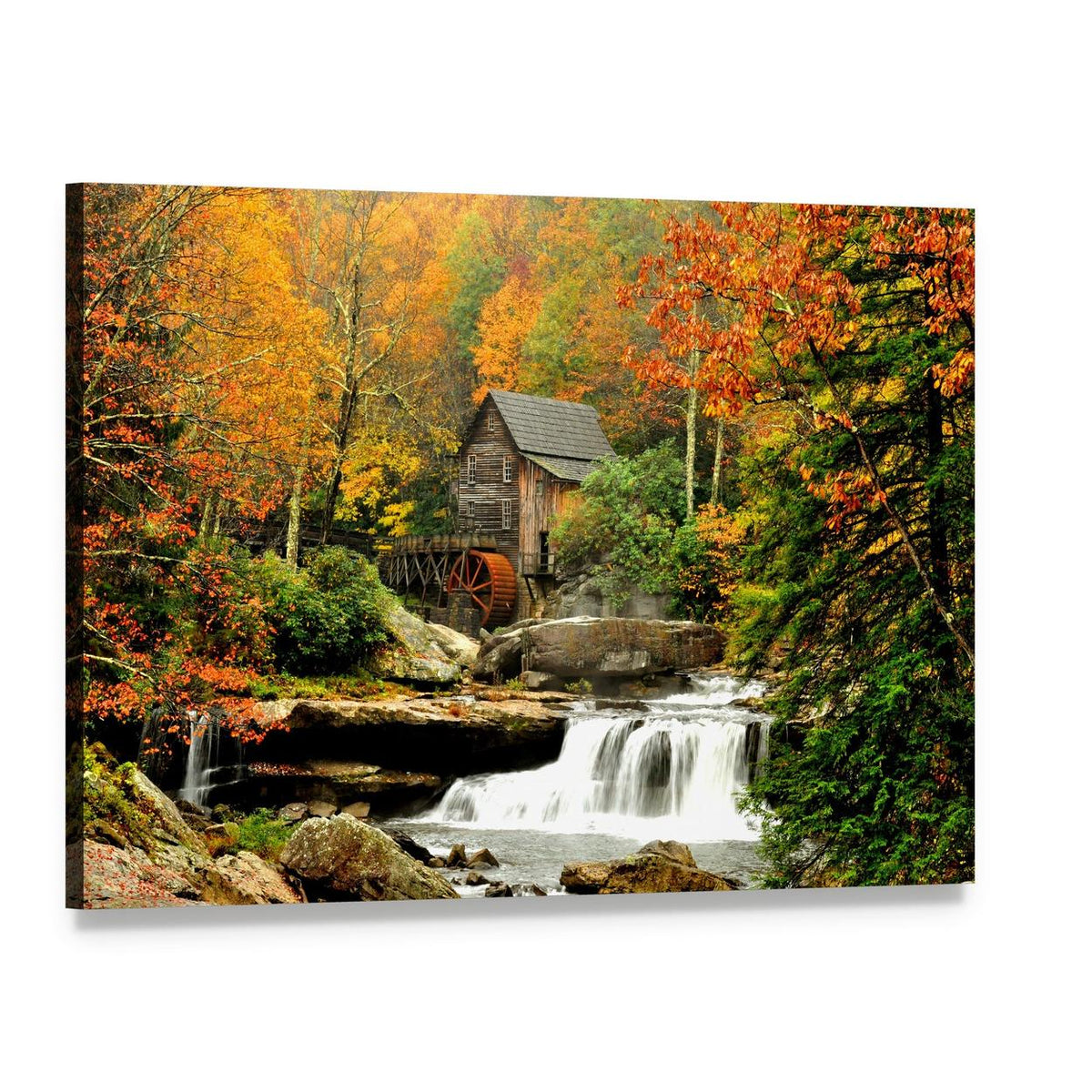 Old Wooden Mill and Waterfall Canvas Wall Art, single panel gallery wrapped canvas, angled product view