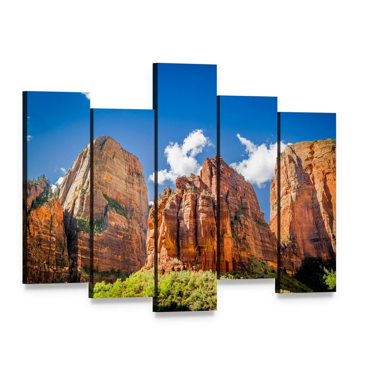 Three Patriarchs Zion National Park Canvas Wall Art, 5 panel 5 Pop layout gallery wrapped canvas set, angled product view