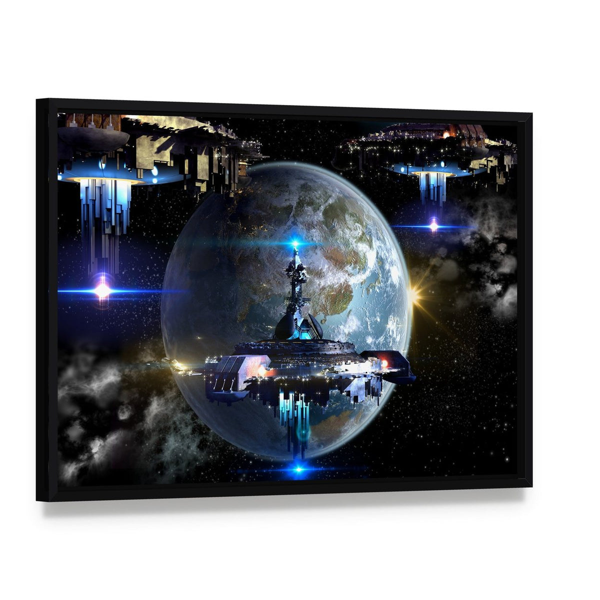 Alien Spaceship Moving Near Earth Canvas Wall Art, framed canvas in a black floater frame, angled product view