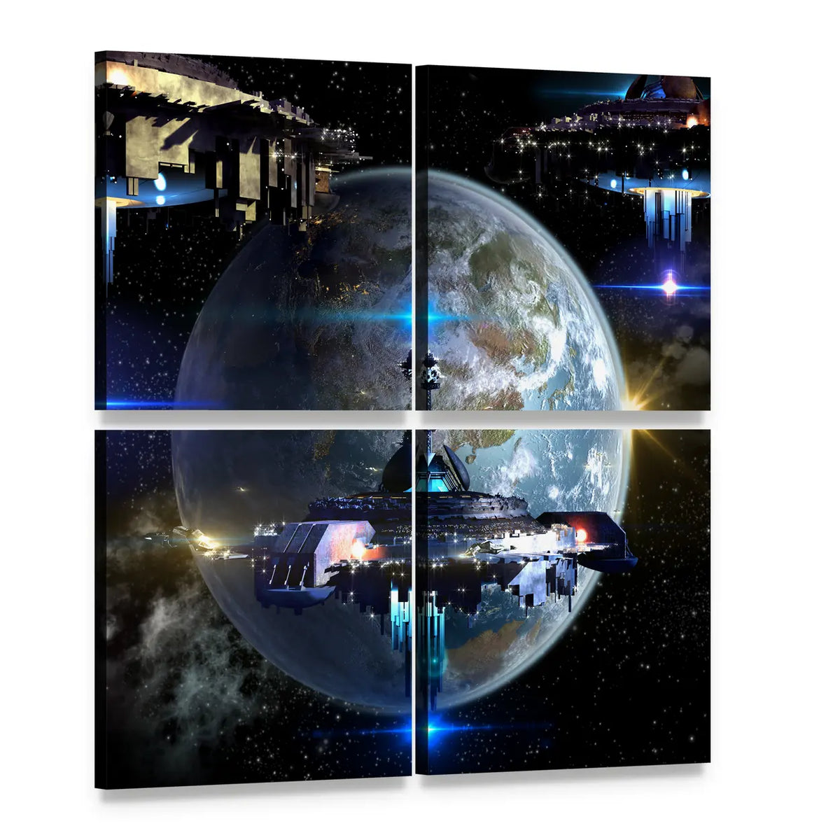 Alien Spaceship Orbiting Earth Canvas Wall Art, 4 panel 4 Square layout gallery wrapped canvas set, angled product view