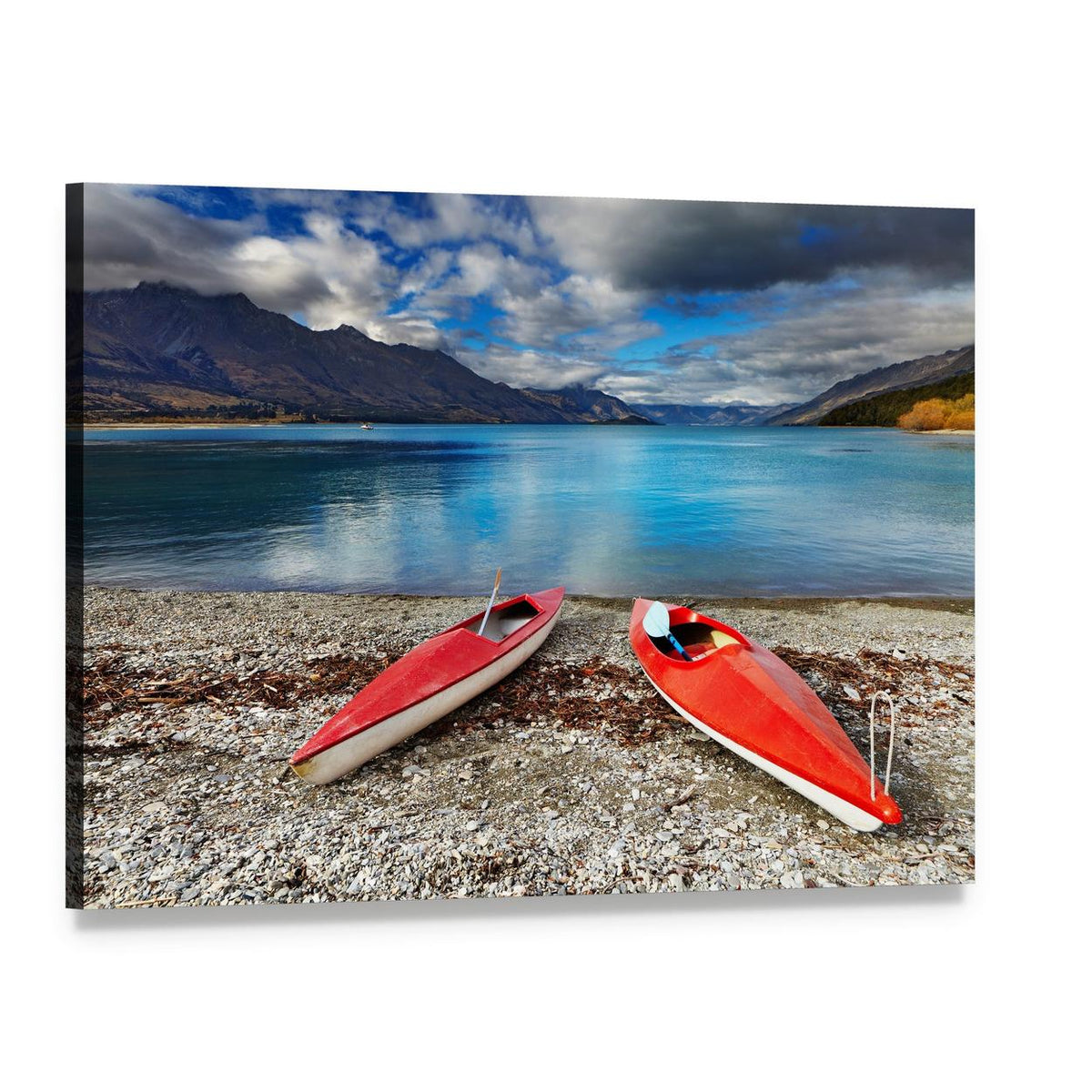 Two Red Kayaks on a Pebbled Lakeshore Canvas Wall Art, single panel gallery wrapped canvas, angled product view