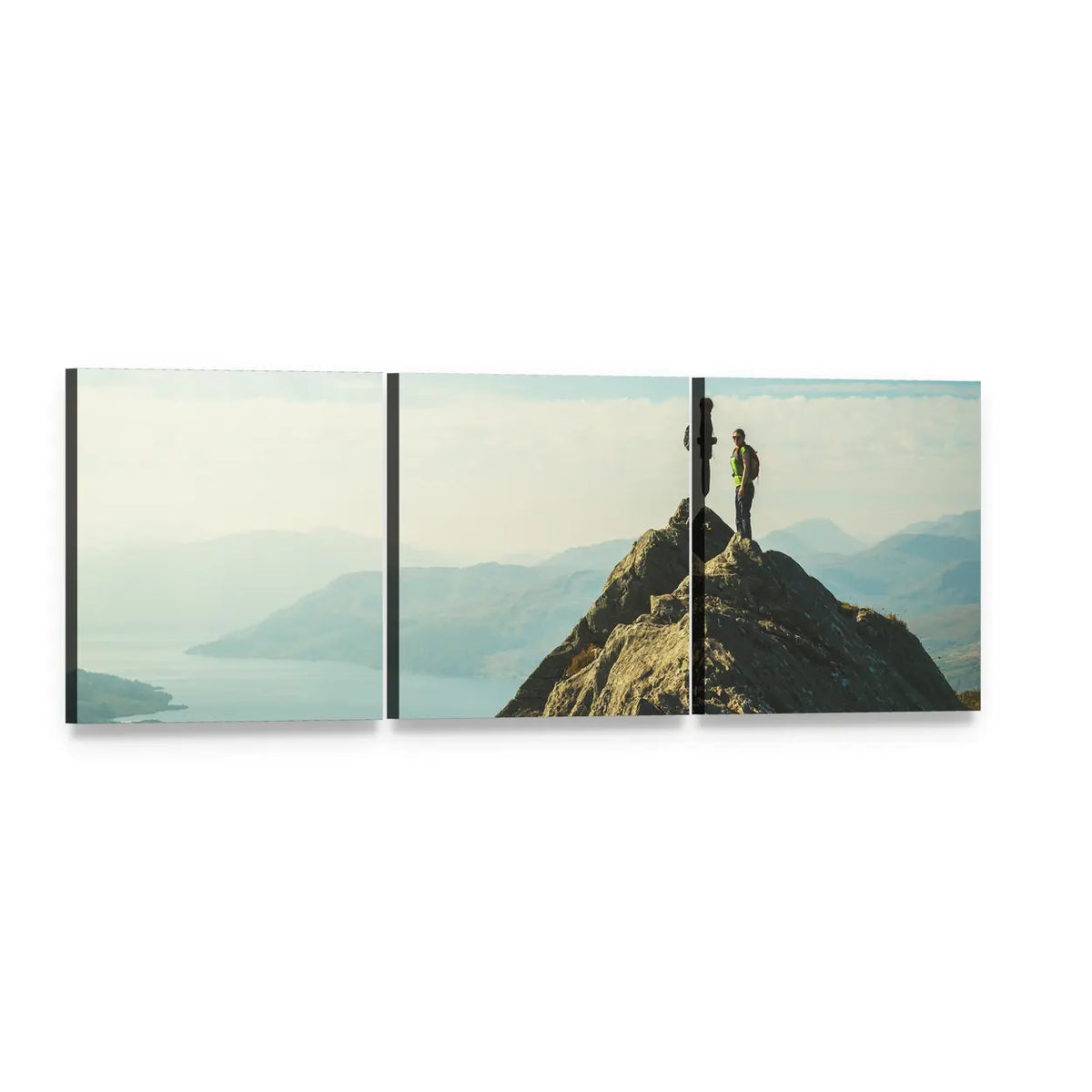 Hikers on Mountain Summit Over Lake Panoramic Canvas Wall Art, 3 panel 3 Piece layout gallery wrapped canvas set, angled product view