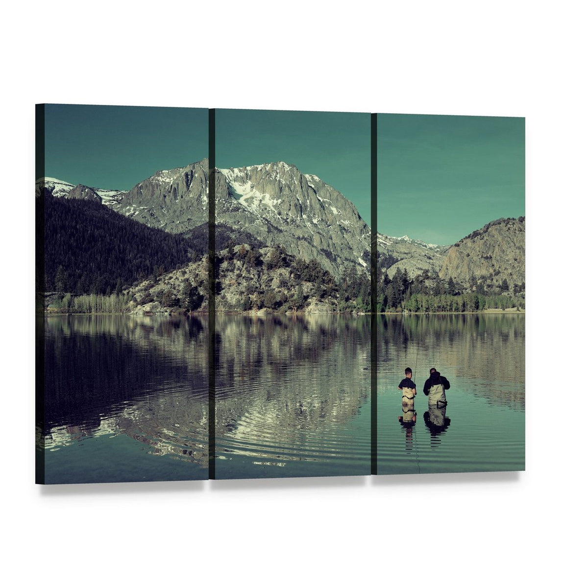 Father and Son Fishing at Yosemite Canvas Wall Art, 3 panel 3 Horizontal layout gallery wrapped canvas set, angled product view
