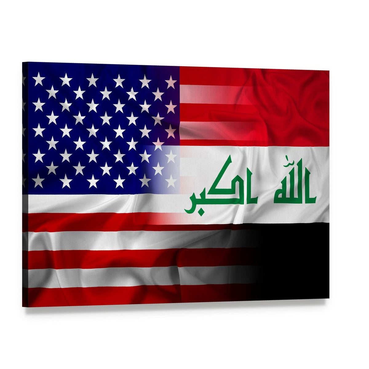 Waving Iraq and United States Flags Canvas Wall Art, single panel gallery wrapped canvas, angled product view