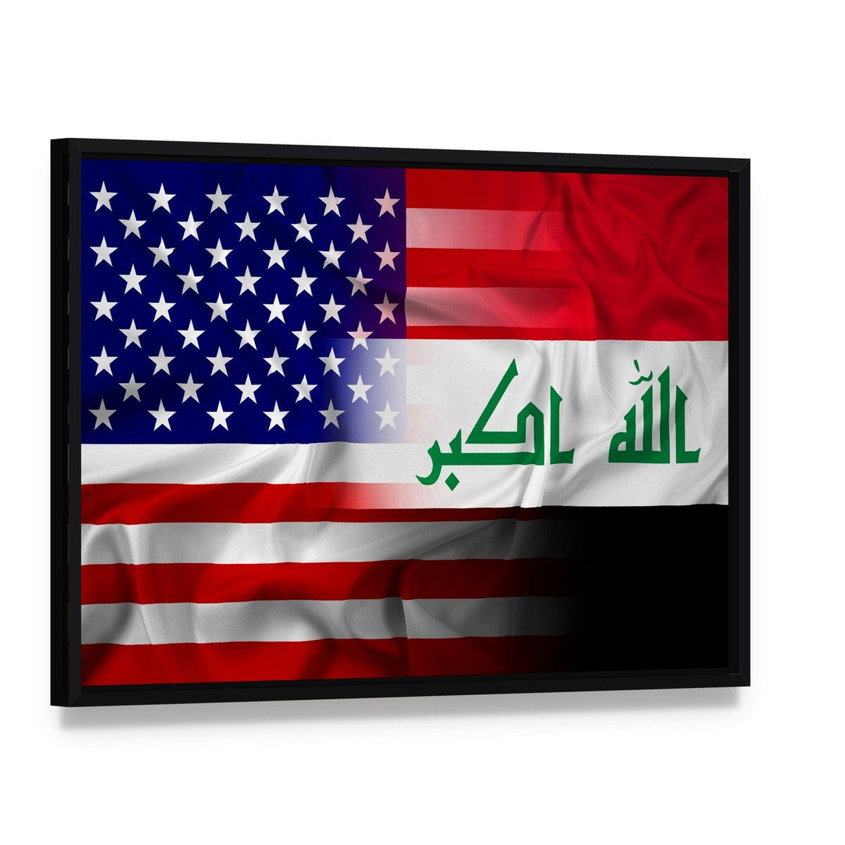 Waving Iraq and United States Flags Canvas Wall Art, framed canvas in a black floater frame, angled product view
