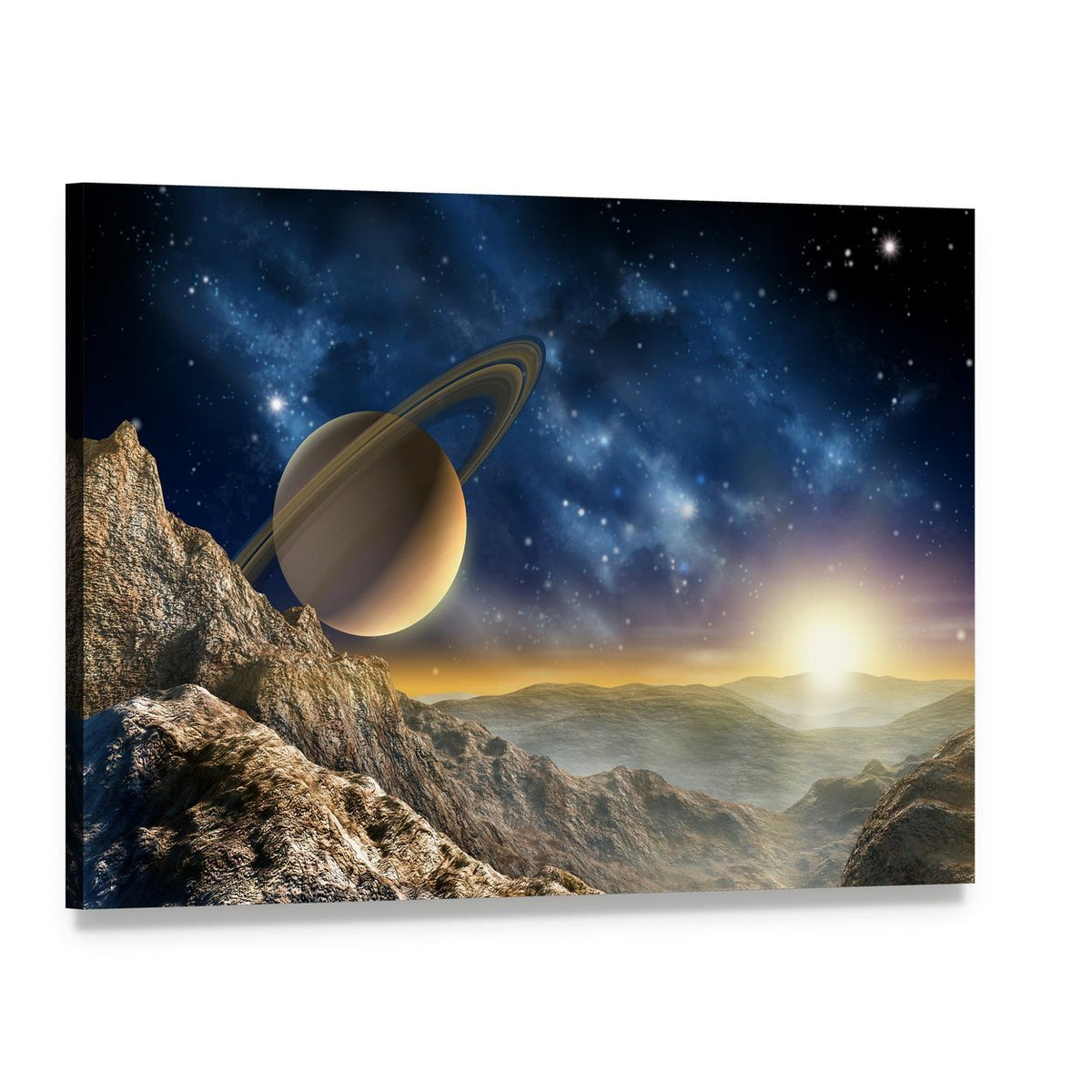 Spacescape Seen from Saturn Moon Canvas Wall Art, single panel gallery wrapped canvas, angled product view