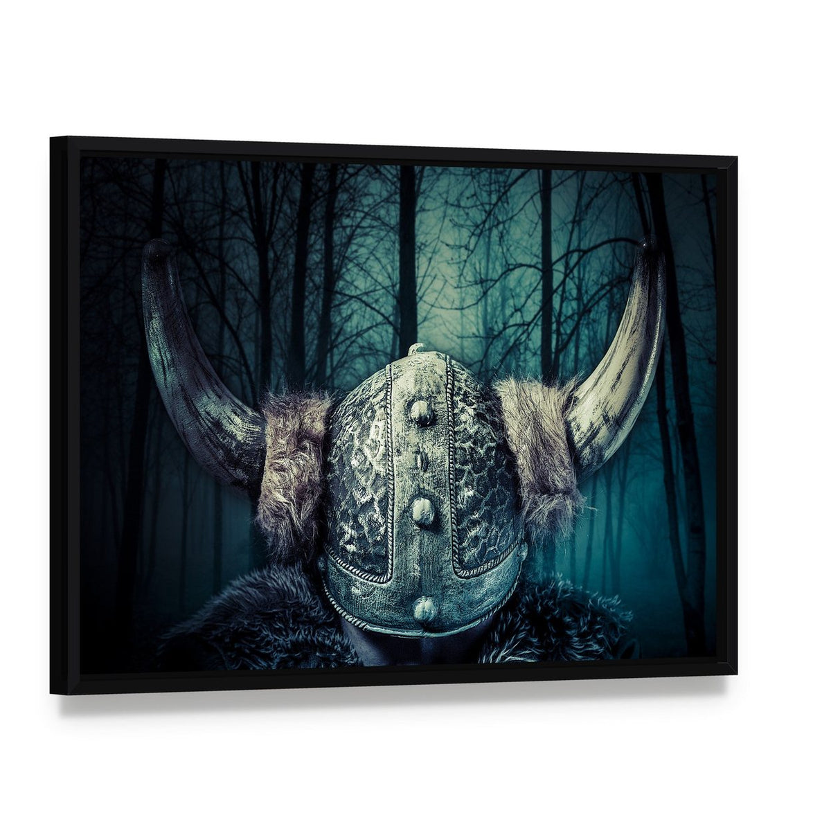 Viking Warrior with Ornate Horned Helmet Canvas Wall Art, framed canvas in a black floater frame, angled product view
