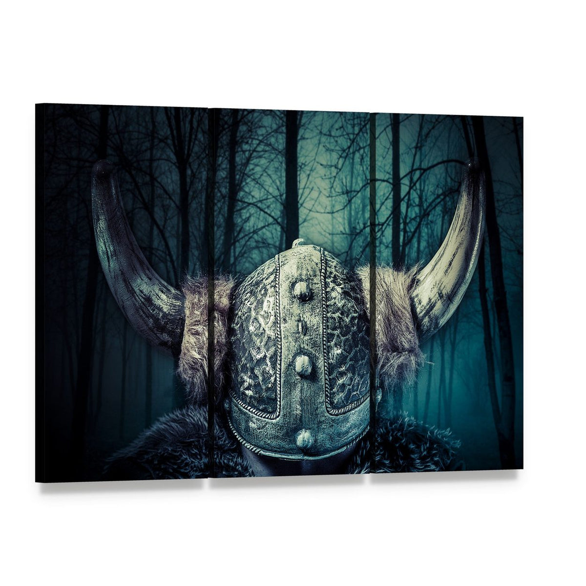 Viking Warrior with Ornate Horned Helmet Canvas Wall Art, 3 panel 3 Horizontal layout gallery wrapped canvas set, angled product view