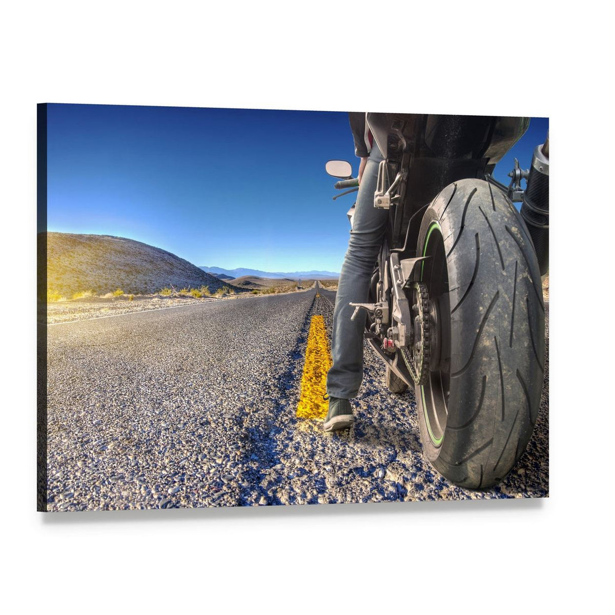 Motorcycle on Road Canvas Wall Art, single panel gallery wrapped canvas, angled product view