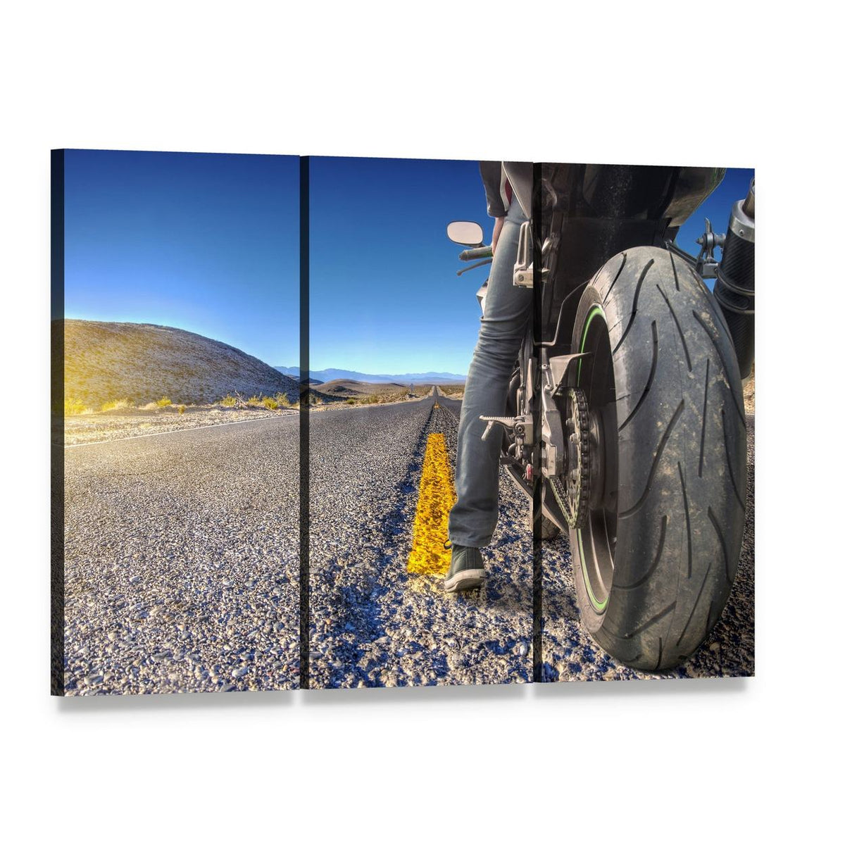 Motorcycle on Road Canvas Wall Art, 3 panel 3 Horizontal layout gallery wrapped canvas set, angled product view