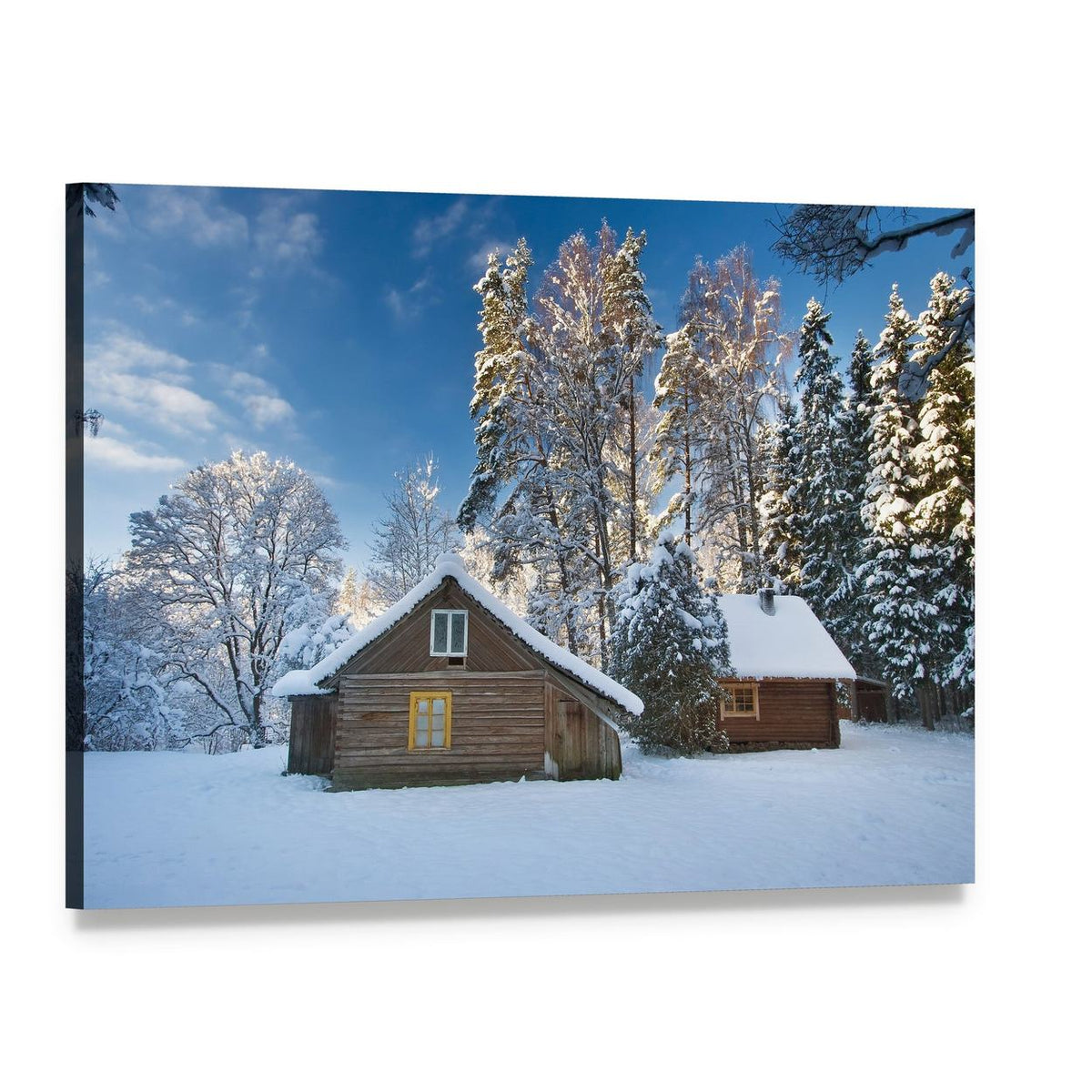 Old Houses in Snowy Forest Canvas Wall Art, single panel gallery wrapped canvas, angled product view