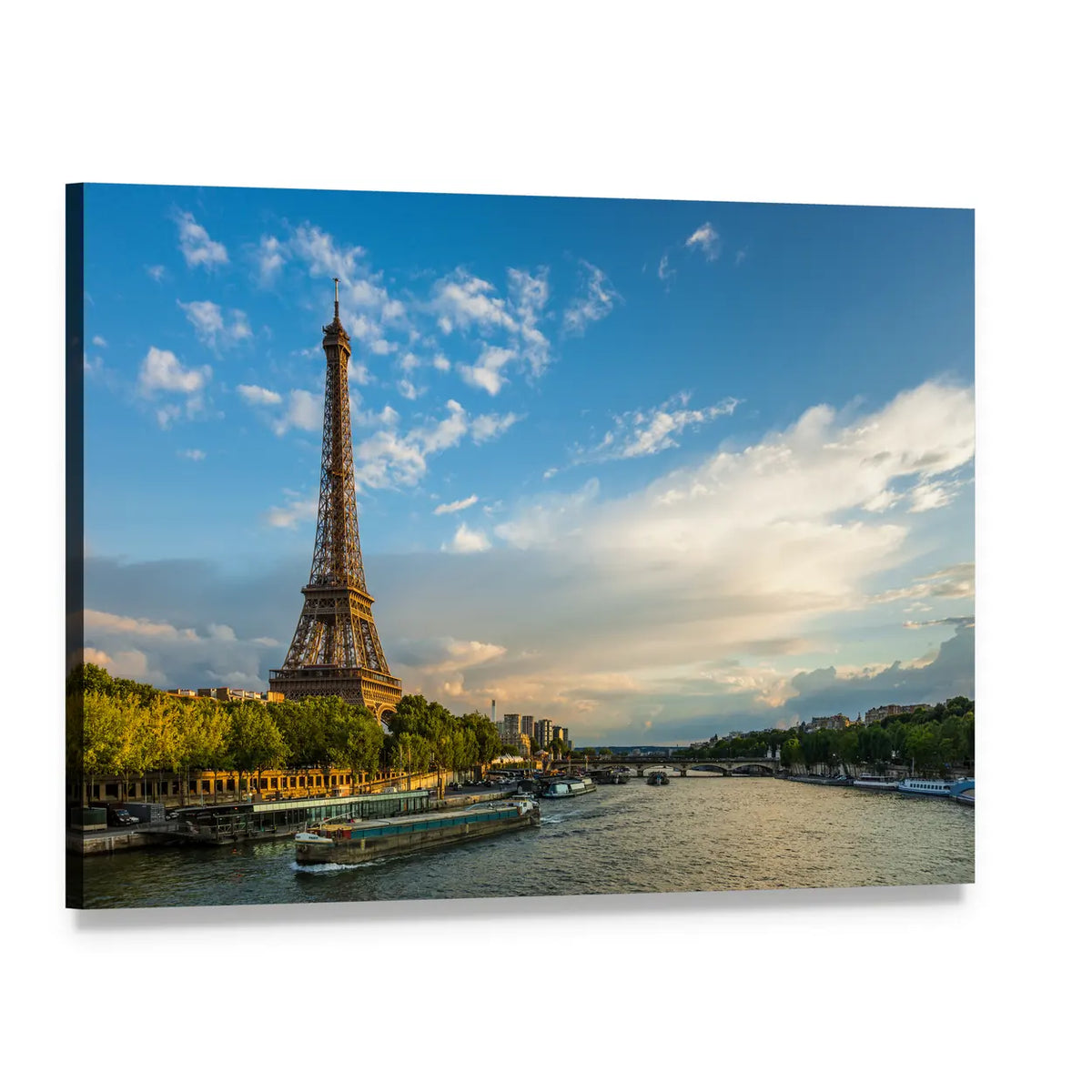 Eiffel Tower Over the Seine at Golden Hour Canvas Wall Art, single panel gallery wrapped canvas, angled product view