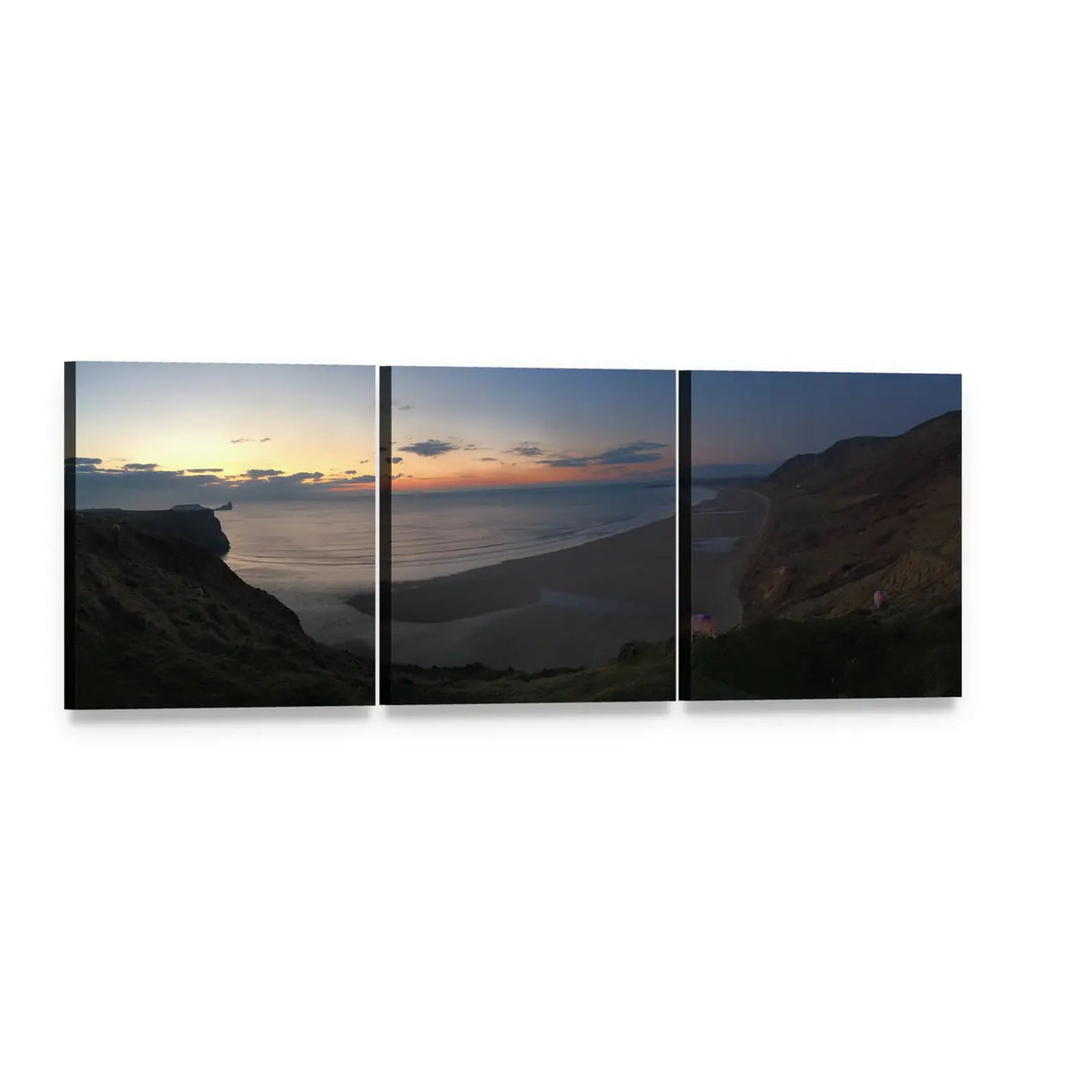 Sunset Over Sandy Beach Cliffs Panoramic Canvas Wall Art, 3 panel 3 Piece layout gallery wrapped canvas set, angled product view