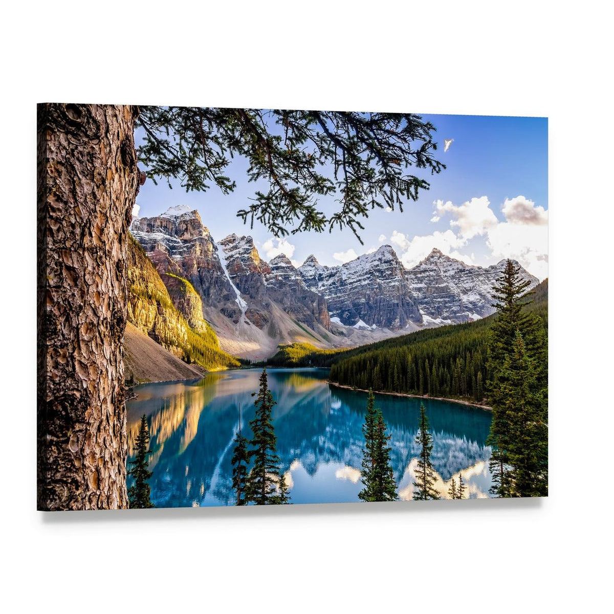 Moraine Lake Reflection with Snow-capped Mountains Canvas Wall Art, single panel gallery wrapped canvas, angled product view