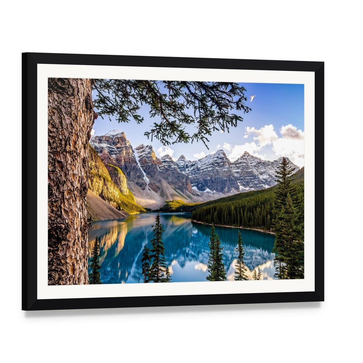 Moraine Lake Reflection with Snow-capped Mountains Canvas Wall Art, framed print with white mat and black frame, angled product view