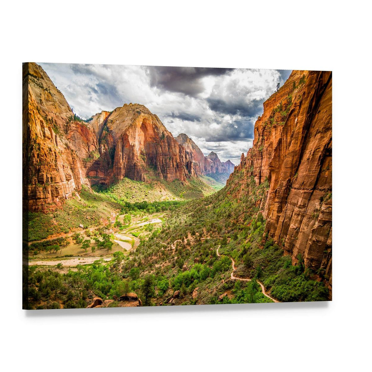 Zion National Park Mountain Valley with River Canvas Wall Art, single panel gallery wrapped canvas, angled product view