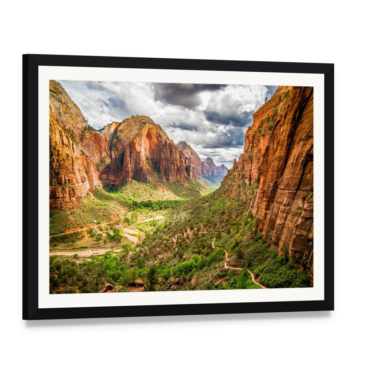 Zion National Park Mountain Valley with River Canvas Wall Art, framed print with white mat and black frame, angled product view