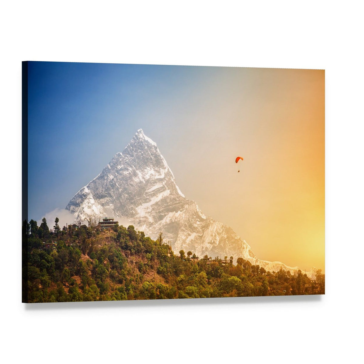 Paragliding Near Machhapuchhre Mountain Canvas Wall Art, single panel gallery wrapped canvas, angled product view
