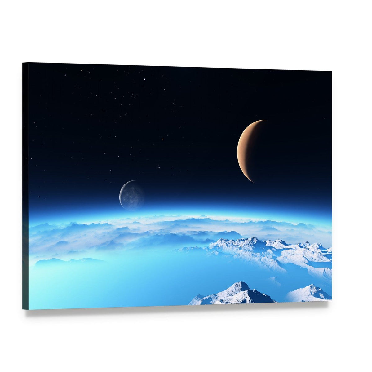 Icy Planet with a Moon Canvas Wall Art, single panel gallery wrapped canvas, angled product view