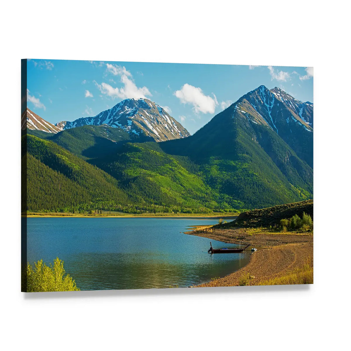 Twin Lakes with Snow-capped Peaks Canvas Wall Art, single panel gallery wrapped canvas, angled product view