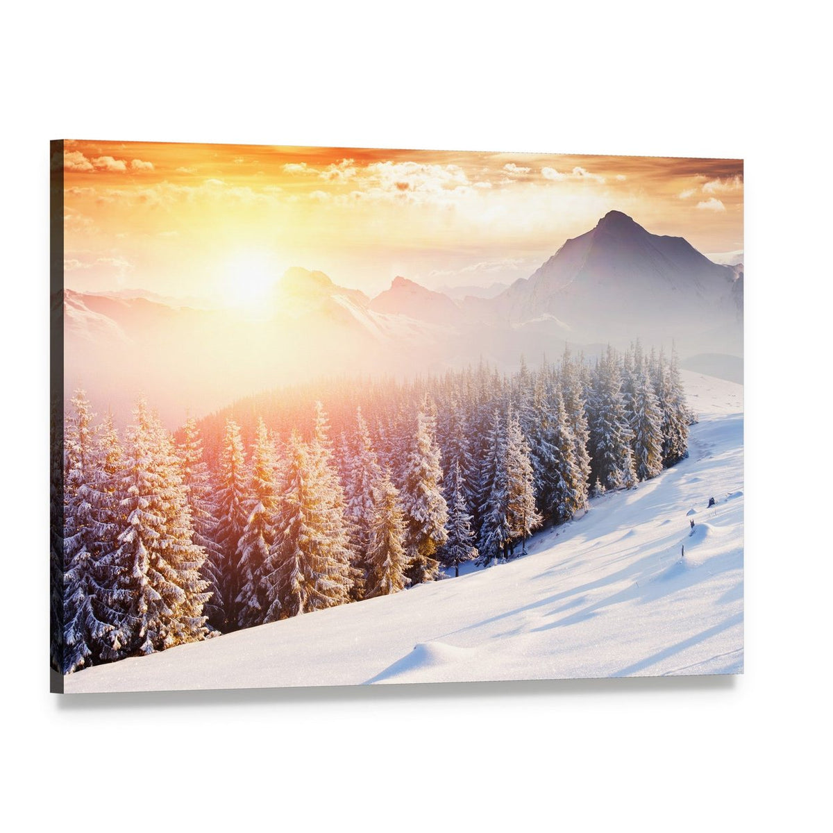 Wintry Mountain Sunrise Canvas Wall Art, single panel gallery wrapped canvas, angled product view