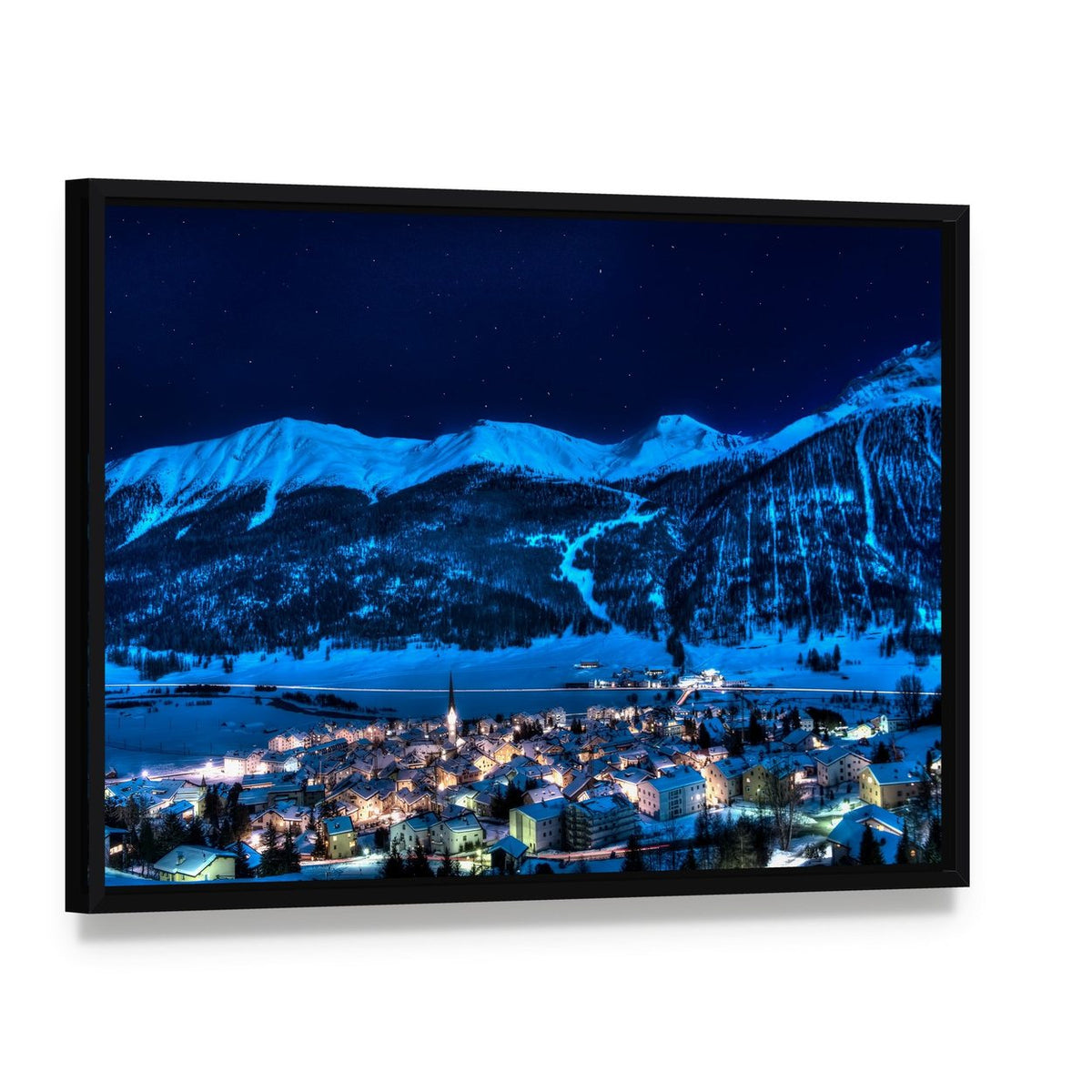 Winter Night in Zuoz, Switzerland Canvas Wall Art, framed canvas in a black floater frame, angled product view