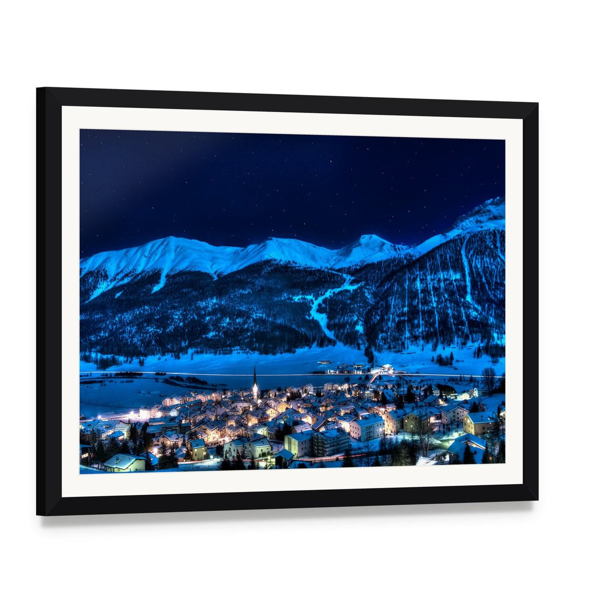 Winter Night in Zuoz, Switzerland Canvas Wall Art, framed print with white mat and black frame, angled product view