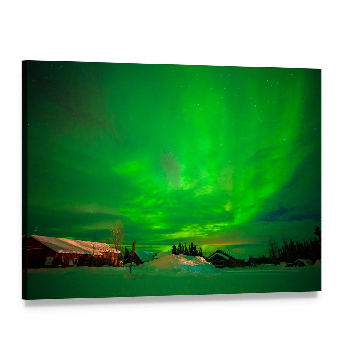 Northern Lights Over Snowy Town Canvas Wall Art, single panel gallery wrapped canvas, angled product view