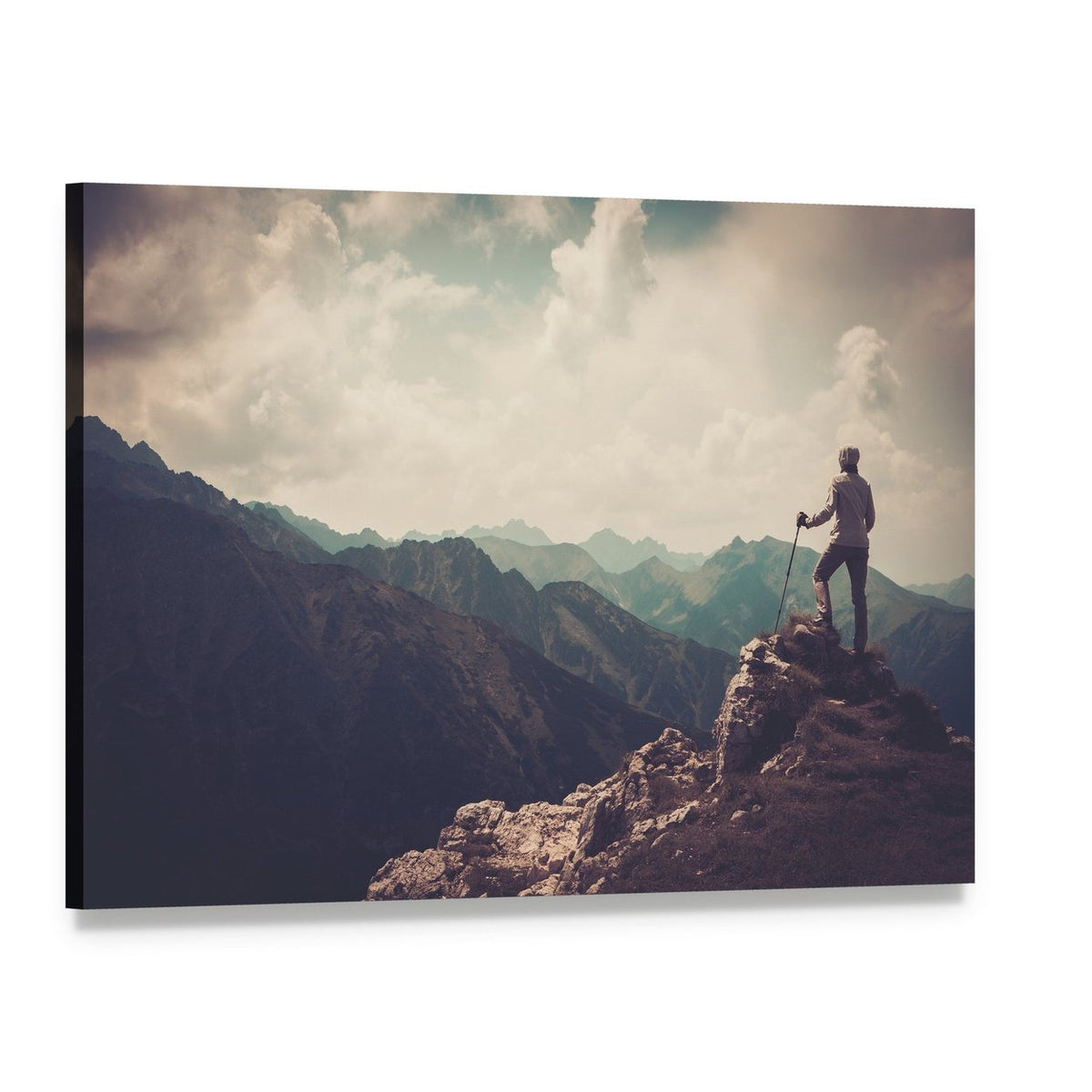 Woman Hiker on Mountain Summit Canvas Wall Art, single panel gallery wrapped canvas, angled product view