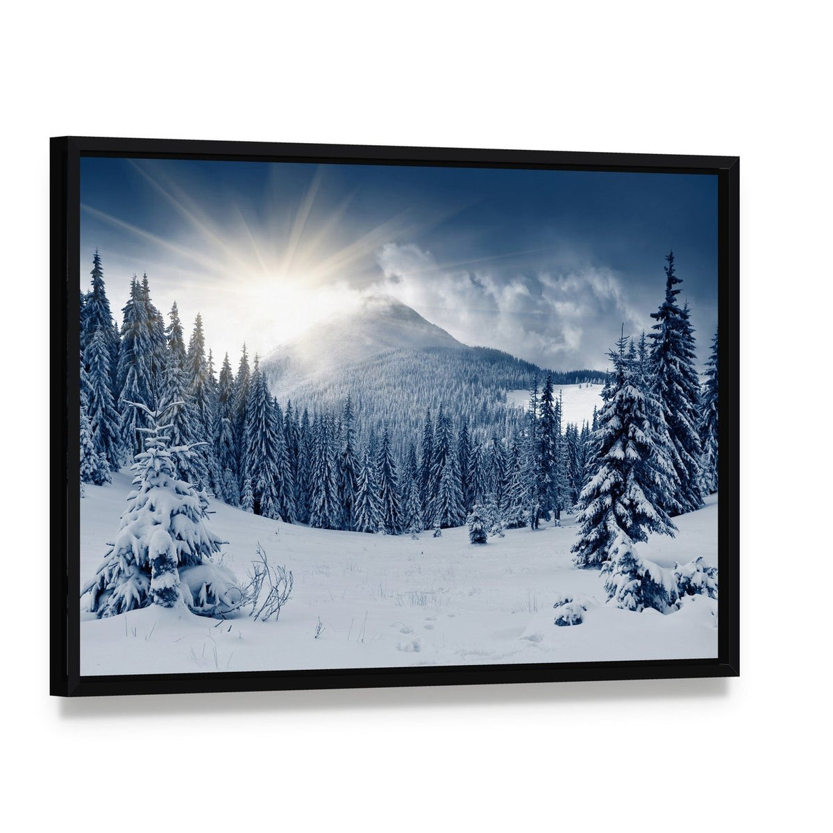 Winter Landscape and Snow Covered Trees Canvas Wall Art, framed canvas in a black floater frame, angled product view