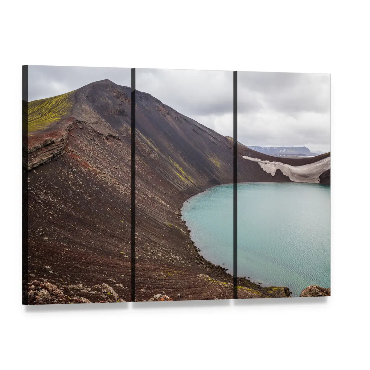 Volcanic Crater Lake in Iceland Canvas Wall Art, 3 panel 3 Horizontal layout gallery wrapped canvas set, angled product view