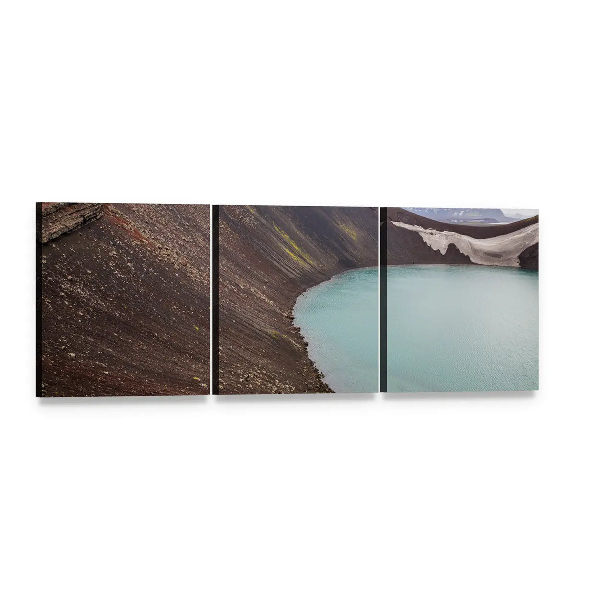 Volcanic Crater Lake in Iceland Panoramic Canvas Wall Art, 3 panel 3 Piece layout gallery wrapped canvas set, angled product view
